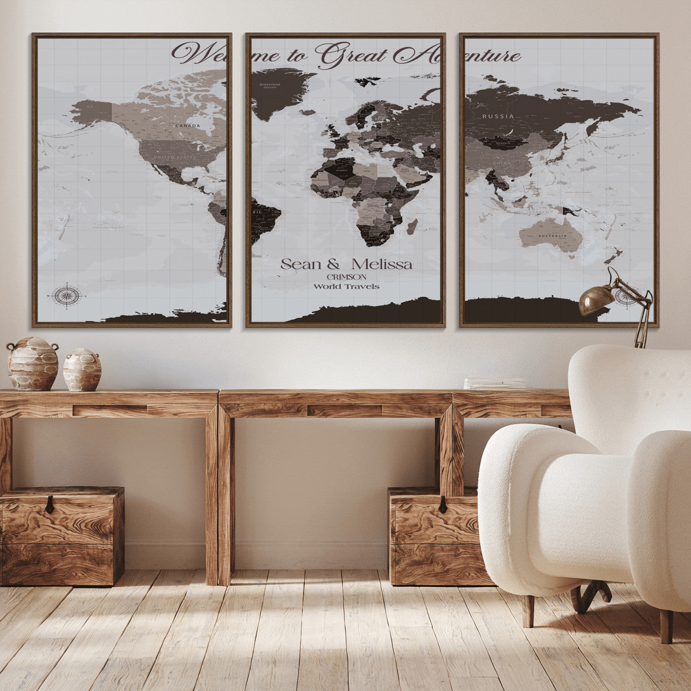 43749658-MGV-CV-36X24-Welcome to Great Adventure World Map Wall Art – Charcoal Gray Canvas Print, Rustic Travel Decor for Living Room, Study, Office or