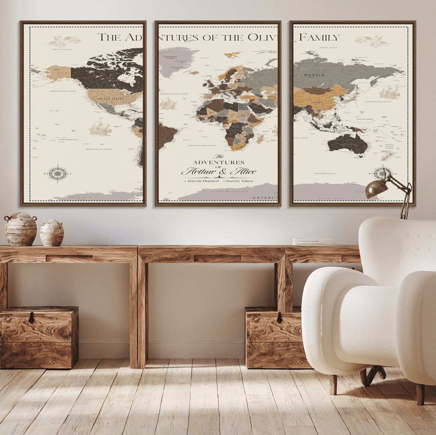 38723540-MGV-CV-36X24-Adventures of the Oliver Family Wall Art – Earth Tone World Map Canvas Print, Minimalist Travel Decor for Living Room, Bedroom or