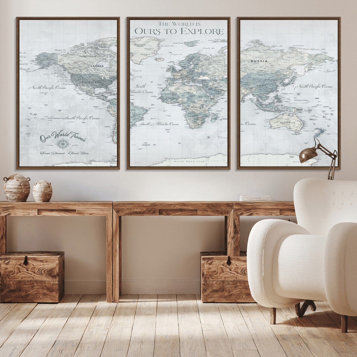 94249974-MGV-CV-36X24-Ours Explore World Map Wall Art – Modern Travel Canvas Print, Neutral Adventure Decor for Living Room, Office, Study, Bedroom,