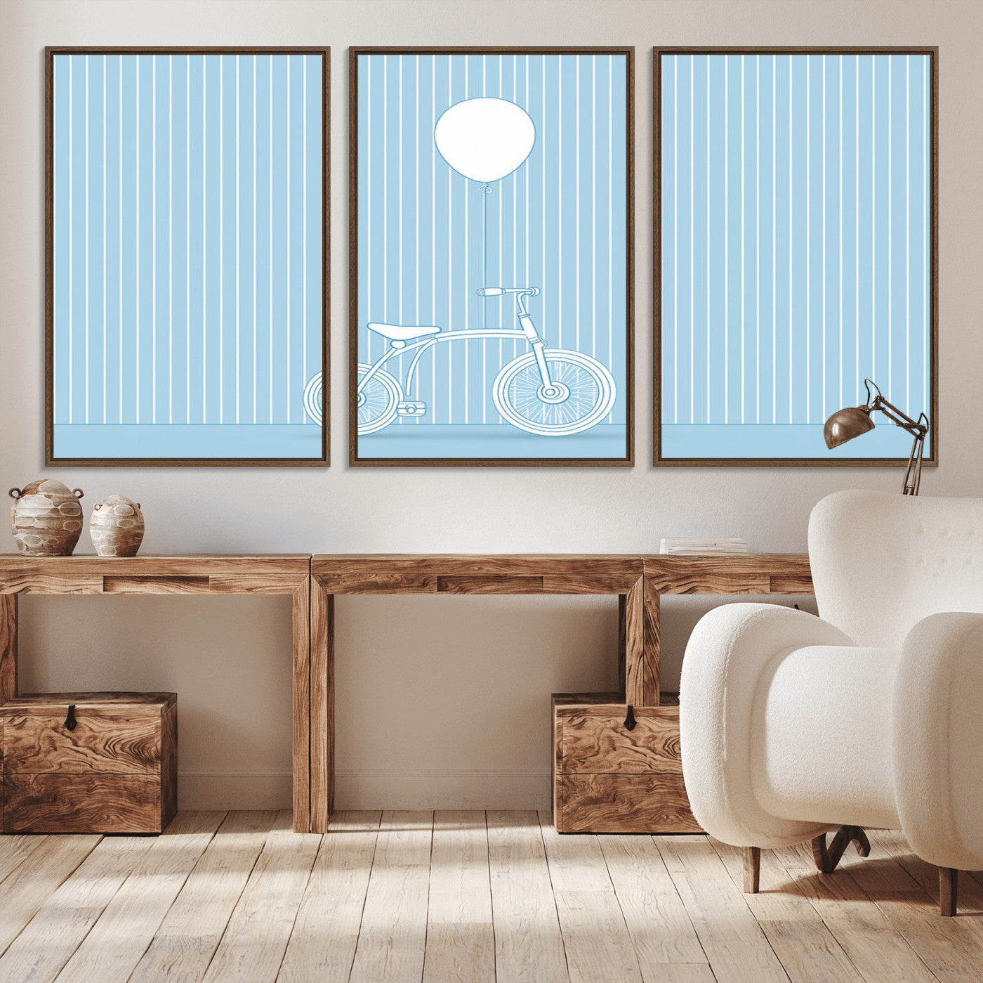 56479838-MGV-CV-36X24-Bicycle Wall Art – Minimalist Blue Canvas Print with Balloon Illustration, Modern Decor Artwork for Kids Room, Nursery, or Living