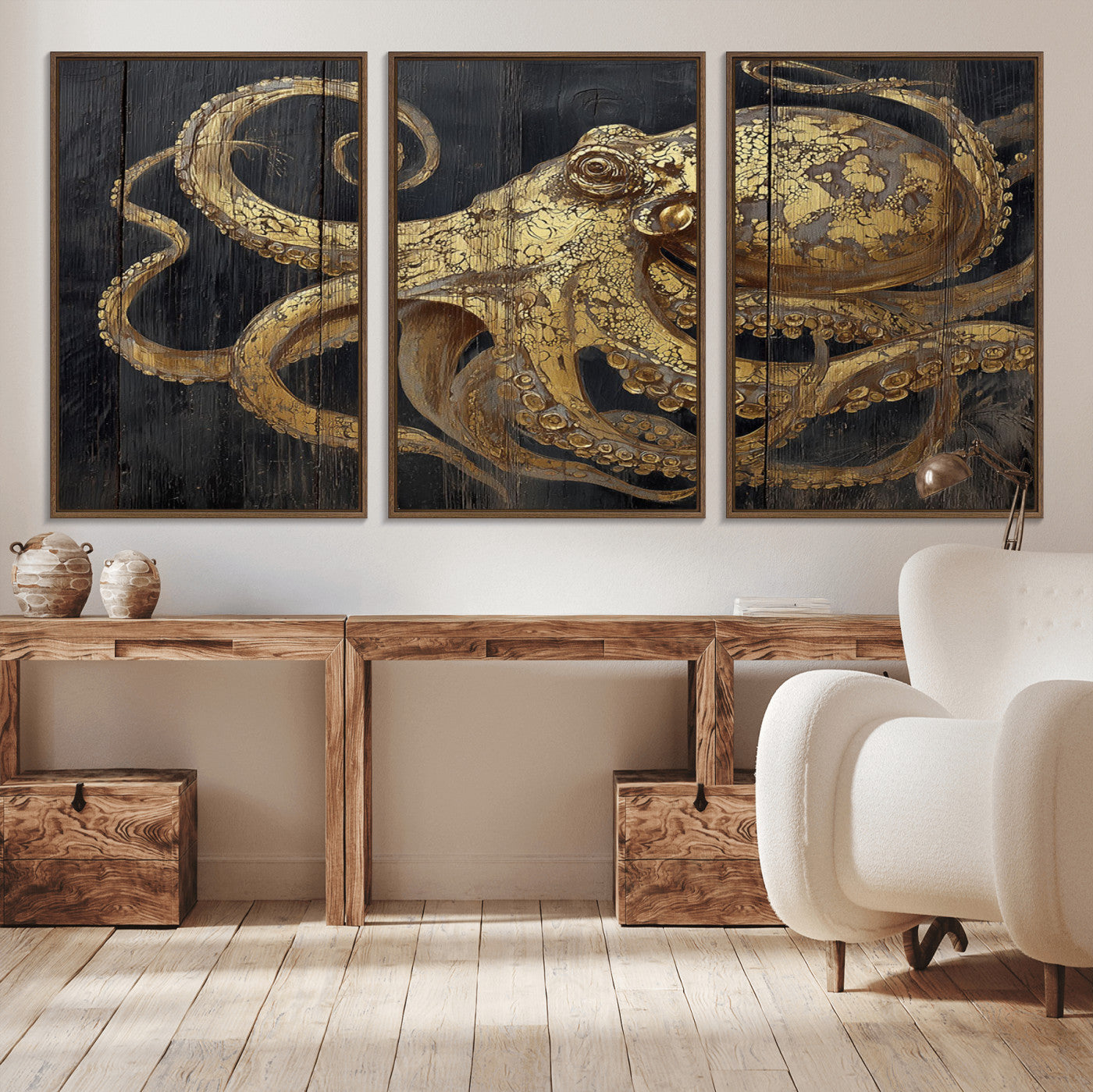 47056538-MGV-CV-36X24-Octopus Wall Art – Gold Nautical Canvas Print with Rustic Wood Texture, Marine Creature Artwork for Coastal Ocean Decoration in