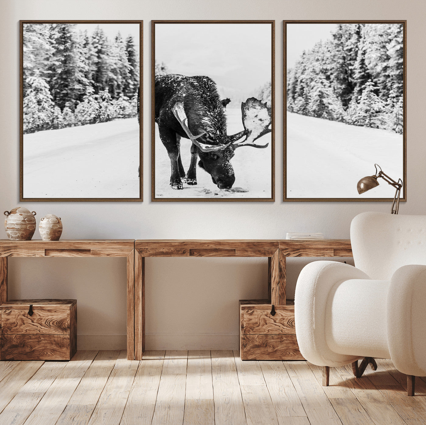38956835-MGV-CV-36X24-Moose Winter Snowy Forest Canvas Wall Art – Wildlife Nature, Antlers in Frozen Landscape, Quiet Path, Cold Season Outdoors Print