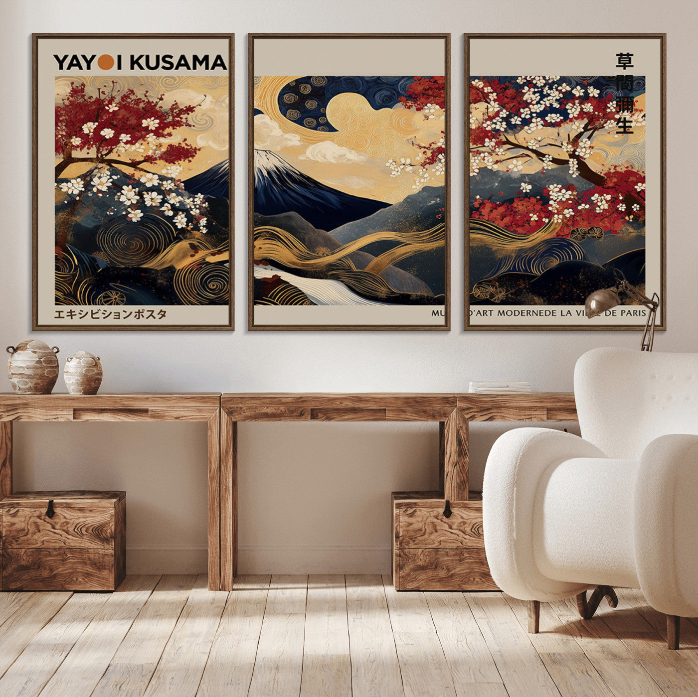 66892669-MGV-CV-36X24-Yayoi Kusama Japanese Inspired Canvas Print – Mt. Fuji & Floral Scene Wall Art, Framed Asian Style Canvas for Home, Office or
