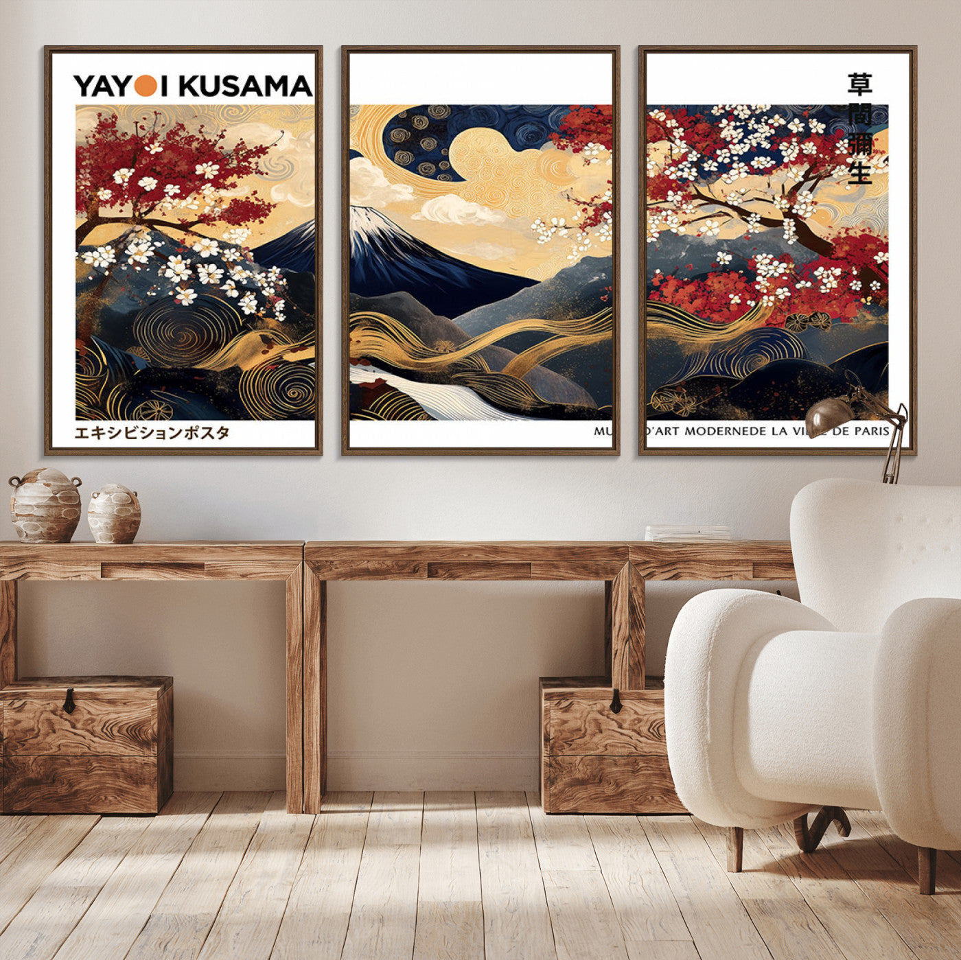 28945903-MGV-CV-36X24-Yayoi Kusama Inspired Japanese Art Canvas Print – Framed Floral & Mt. Fuji Wall Decor, Modern Asian Style Canvas for Home, Office,