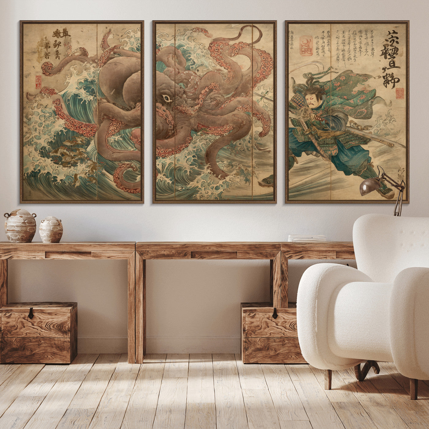 63782167-MGV-CV-36X24-Tsukioka Yoshitoshi Samurai Wall Art Print, Japanese Katana Warrior Canvas Wall Art, Octopus Sea Monster Canvas Print,