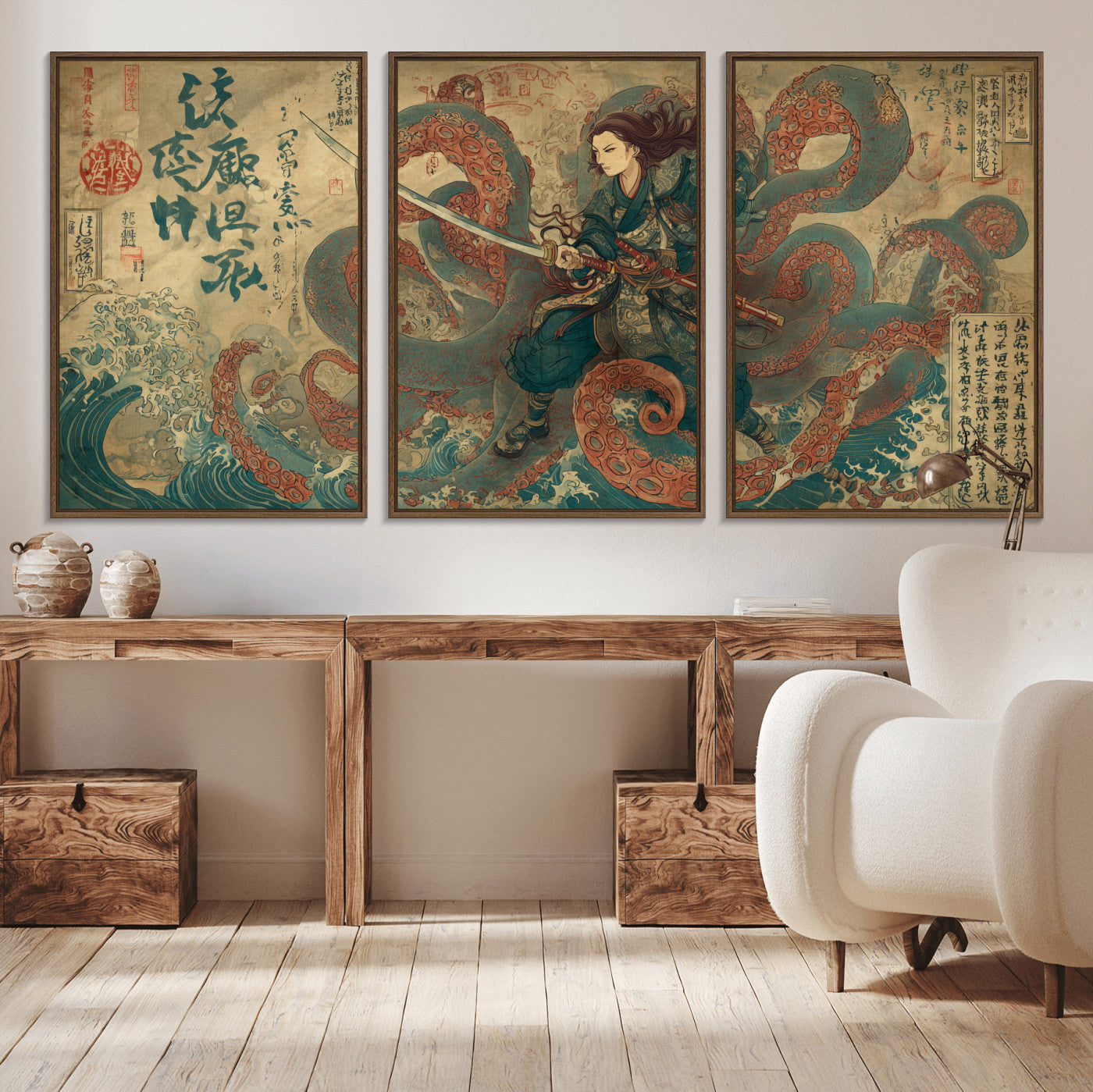 98593115-MGV-CV-36X24-Tsukioka Yoshitoshi Samurai Wall Art Print, Japanese Katana Warrior Canvas Wall Art, Octopus Sea Monster Canvas Print,