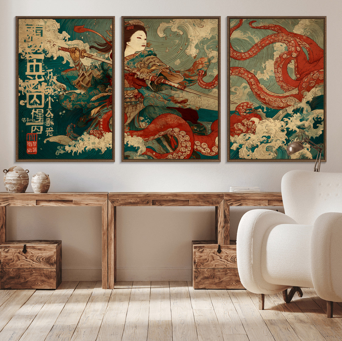 60201267-MGV-CV-36X24-Samurai Woman vs Octopus Wall Art – Japanese Ukiyo-e Armor Canvas Print, Red Tentacle Ocean Battle Artwork for Living Room,
