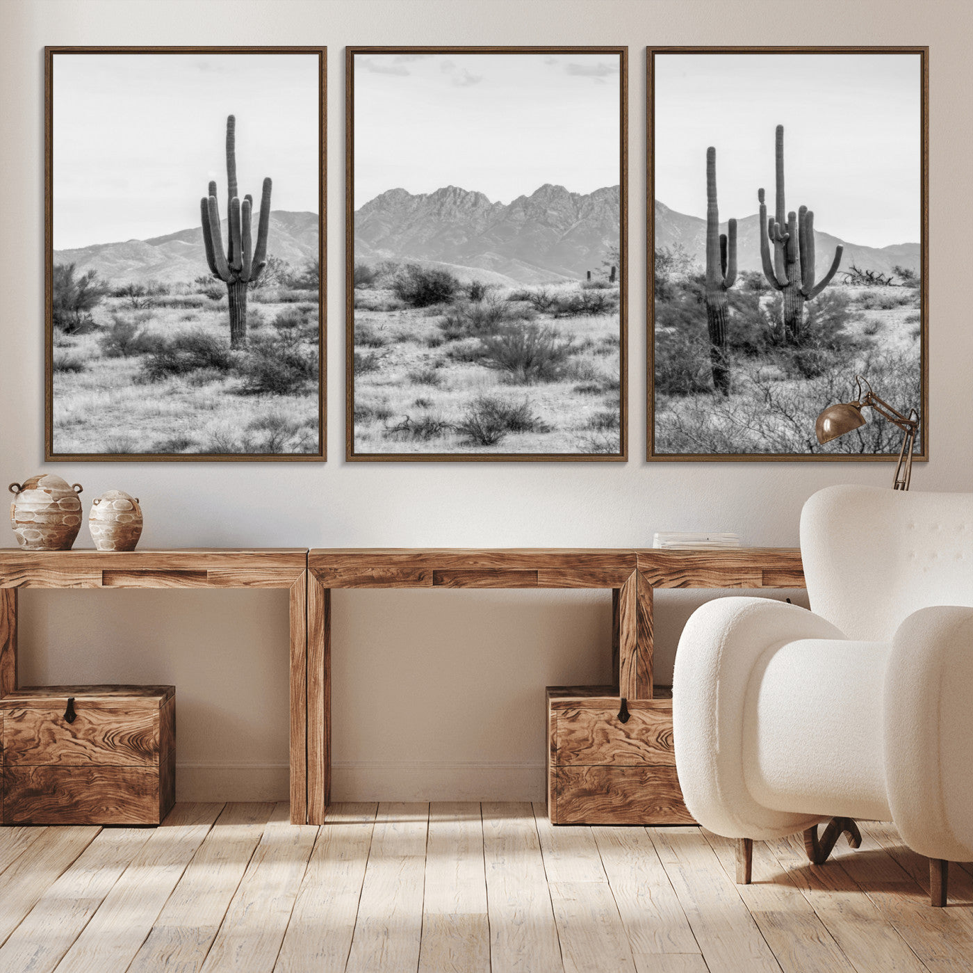 97436PHN-MGV-CV-36X24-Desert Landscape Wall Art – Black and White Cactus and Mountain Canvas Print, Southwestern Nature Photography for Living Room,