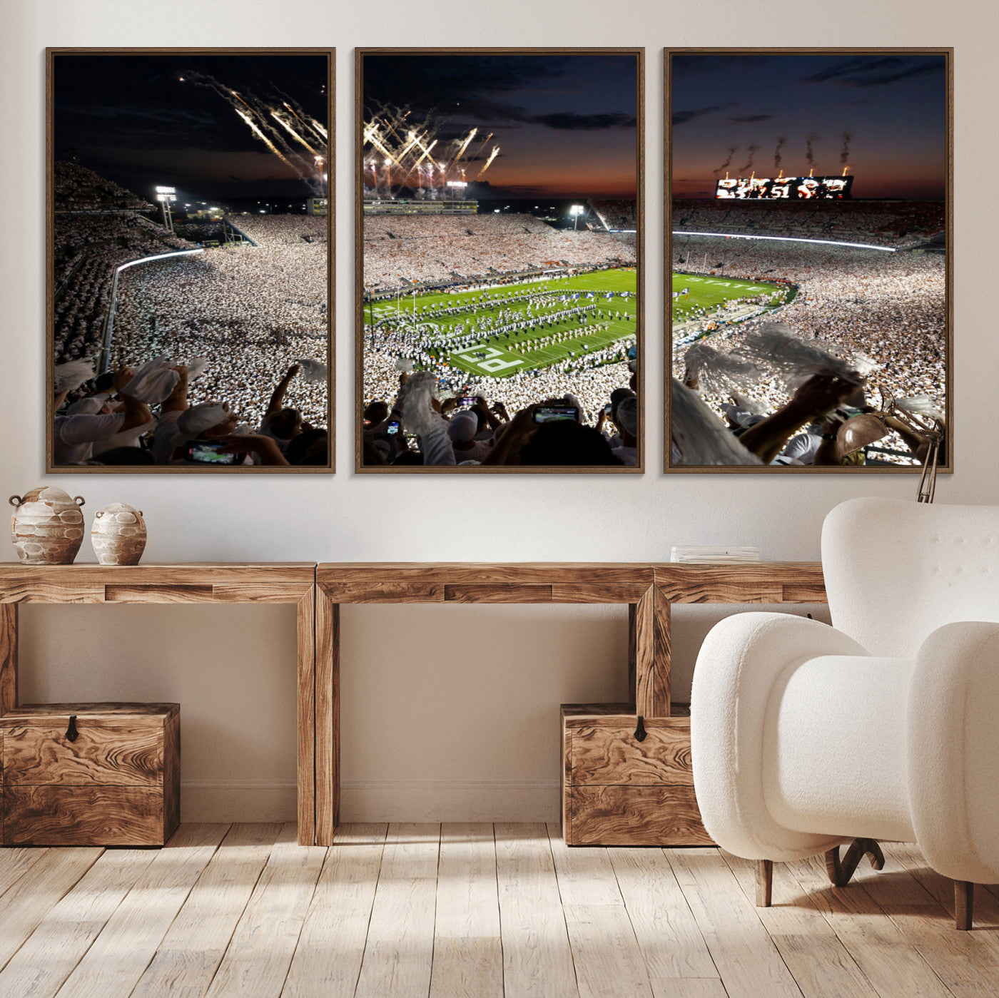 Penn-MGV-CV-36X24-Football Stadium Wall Art – Panoramic Night Game Canvas Print, Packed Crowd with Fireworks, Sports Decor for Office, Man Cave, Bar