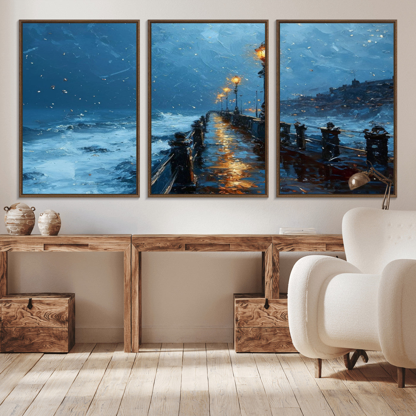 93793246-MGV-CV-36X24-Stormy Night Pier Canvas Wall Art – Moody Ocean Landscape with Lights, Blue Coastal Seascape Print for Bedroom, Living Room,