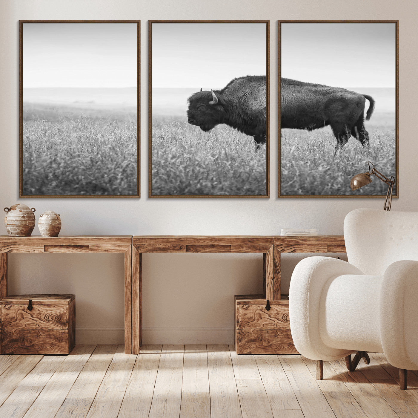 90861202-MGV-CV-36X24-Black and White Bison Canvas Wall Art – Rustic American Buffalo Print, Western Wildlife Photography for Farmhouse, Cabin, Office