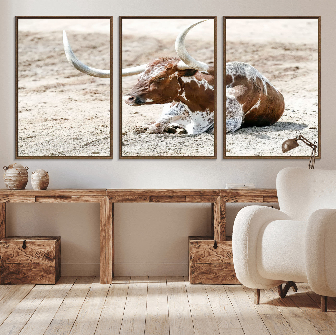89096667-MGV-FC-60X30-3P_Walnut-Texas Longhorn Wall Art – Rustic Western Canvas Print, Cattle Photography Decor for Ranch House, Living Room, Office, Man Cave