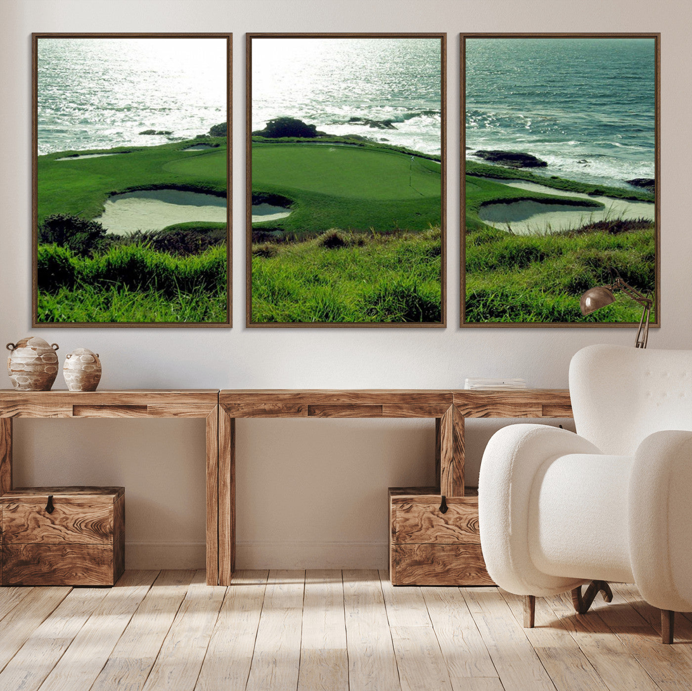 48473947-MGV-CV-36X24-Ocean Golf Course Wall Art – Panoramic Green Fairway Canvas Print, Coastal Golf Landscape Photography Sports Decor for Office, Man