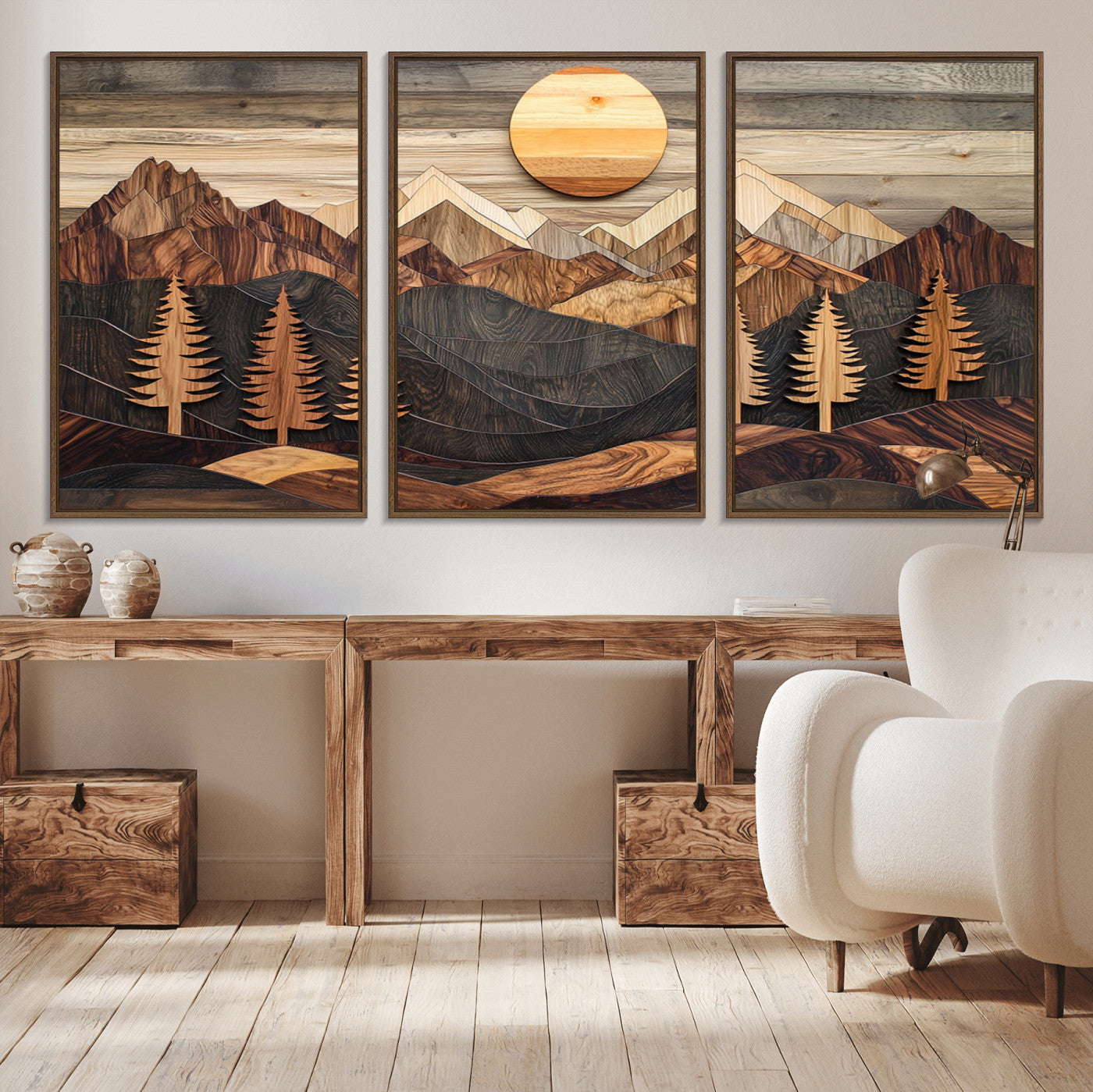 90044381-MGV-CV-36X24-Rustic Wall Art – Wooden Mountain Landscape with Sun and Pine Trees, Handcrafted Nature Canvas Style Decor for Bedroom, Living