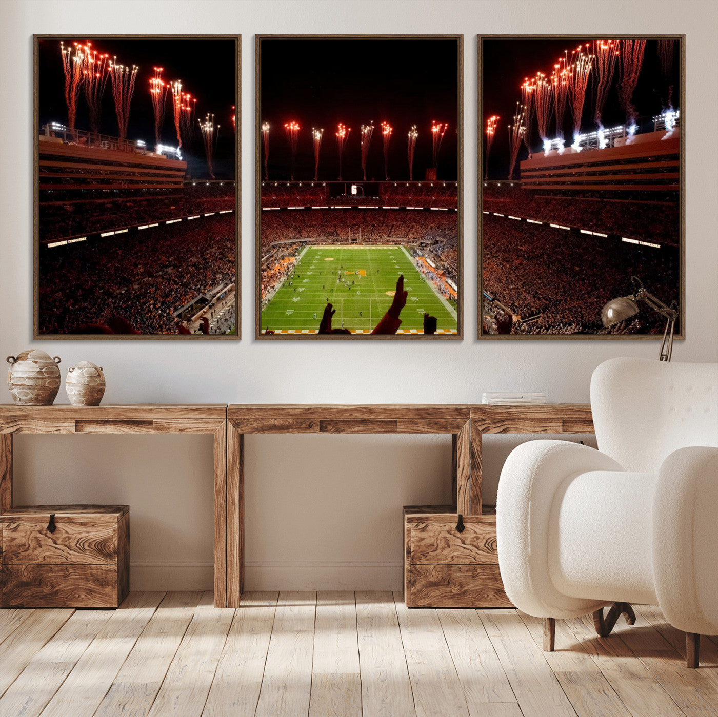 73358115-MGV-FC-60X30-3P_Walnut-Neyland Stadium Wall Art – Panoramic Tennessee Volunteers Night Game Canvas Print, Fireworks Football Celebration Sports Decor for