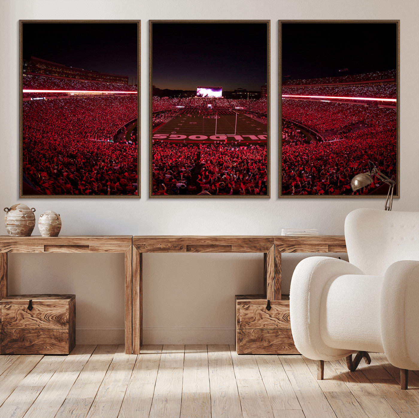 38331045-MGV-CV-36X24-Sanford Stadium Wall Art – Panoramic Georgia Bulldogs Red Light Game Football Canvas Print, Night Crowd Sports Decor for Office,