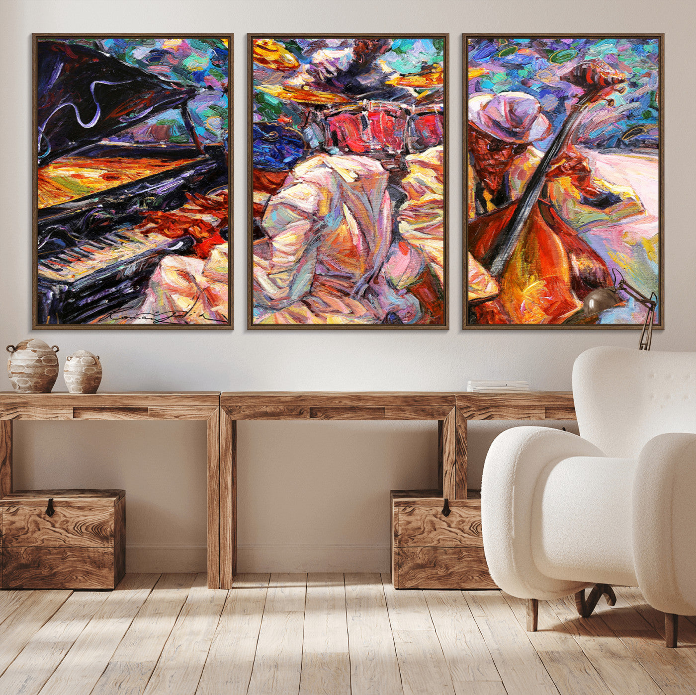 13675-MGV-CV-36X24-Jazz Band Wall Art Canvas Print, Framed Jazz Oil Painting Art Picture Print, Vibrant Music Perfect Abstract Musical Decor Artwork