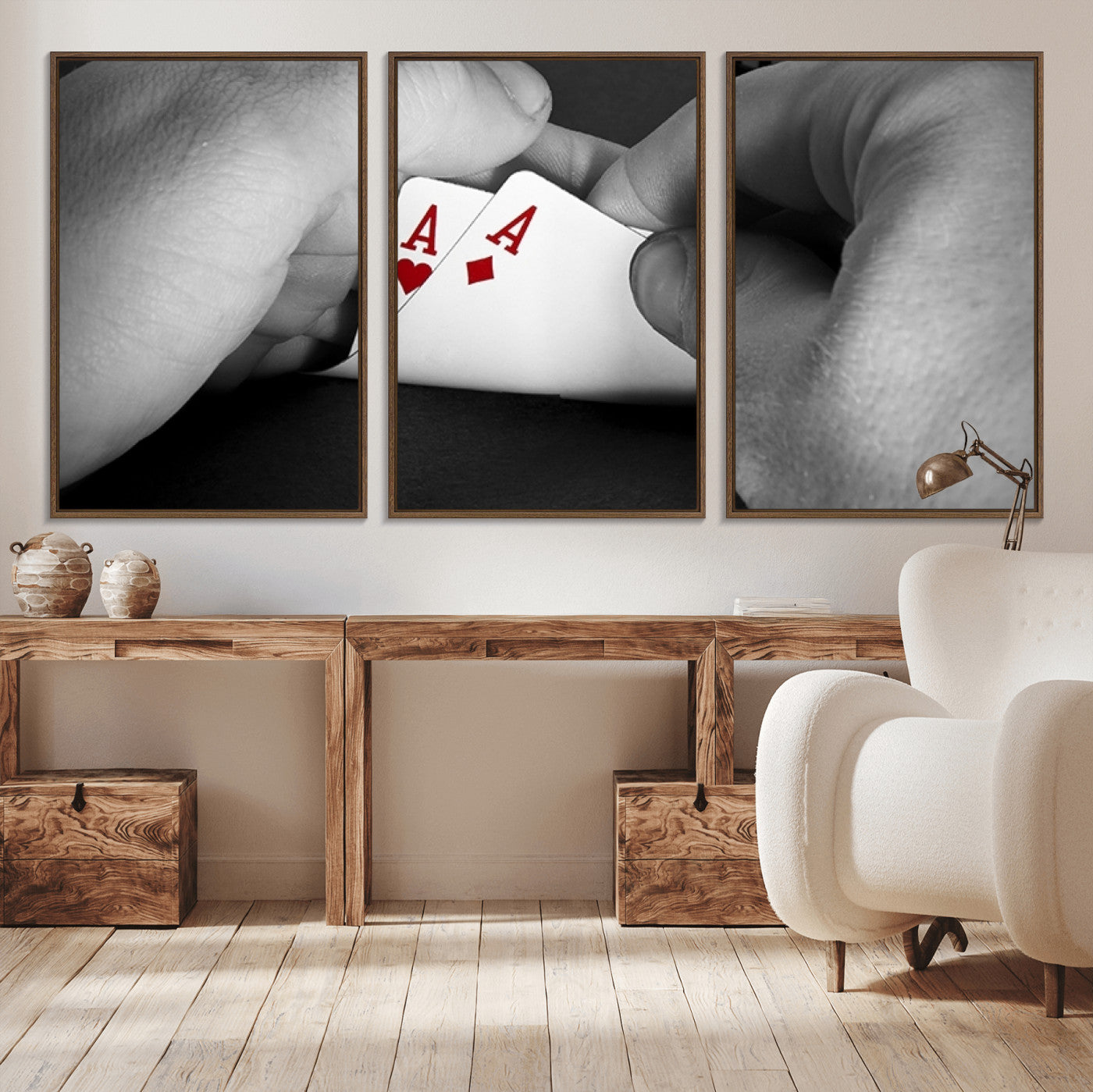 62460-MGV-CV-36X24-Poker Game Wall Art – Close Up of Hands Holding Aces with Chips, Casino Style Decor for Game Room, Man Cave or Office