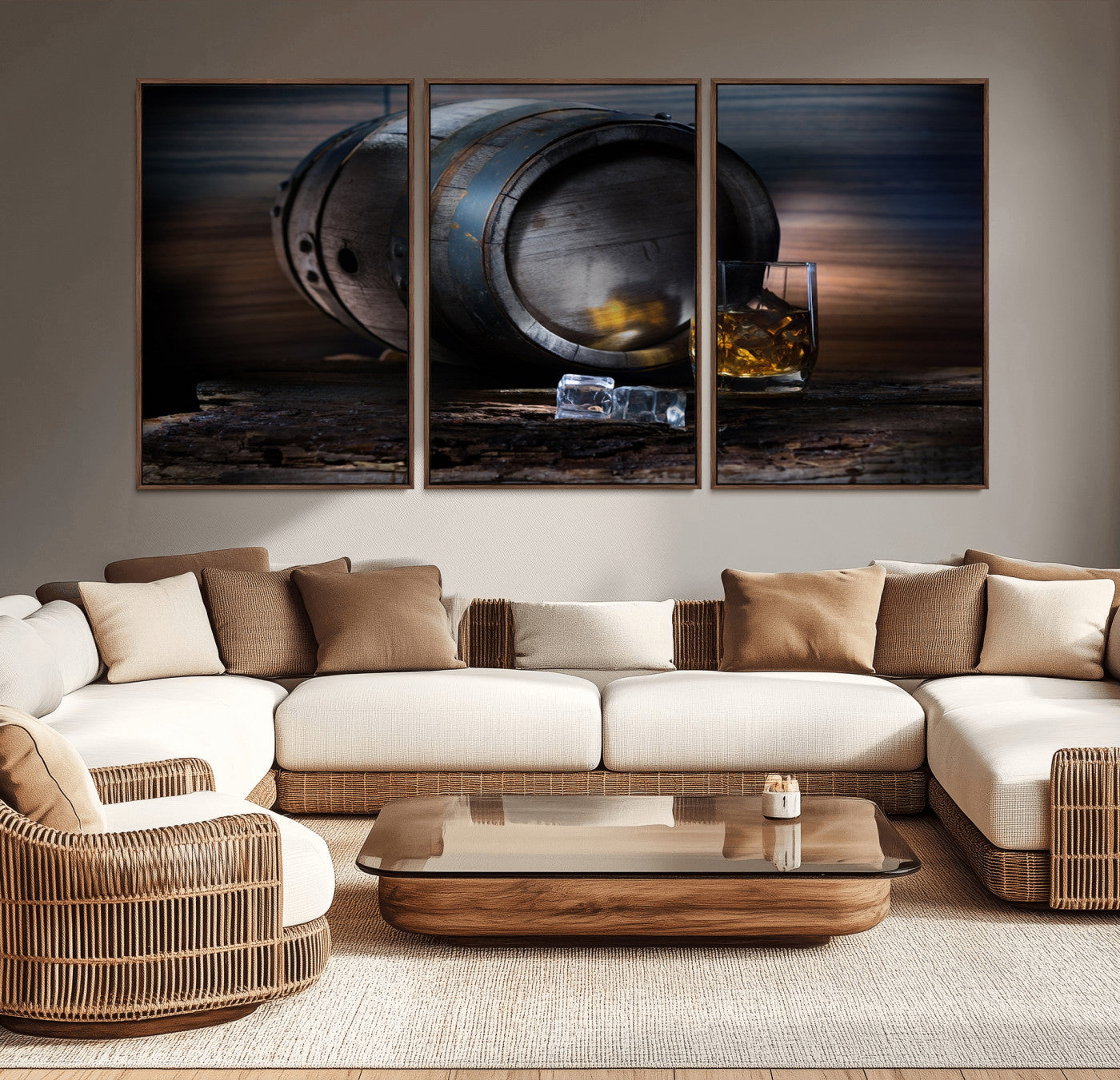 78049-MGV-CV-36X24-Whiskey Barrel Wall Art – Rustic Whiskey Barrel and Glass with Ice Canvas Print, Classic Bar or Lounge Decor for Home, Office, or