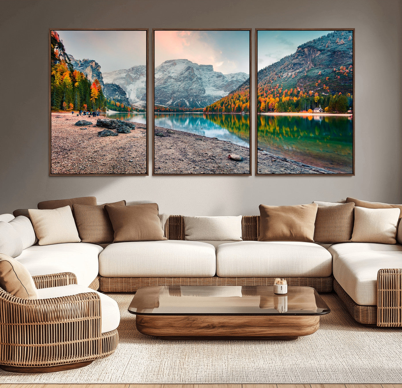 25982-MGV-CV-36X24-Autumn Mountain Lake Wall Art – Panoramic Fall Foliage and Snowy Peaks Canvas Print, Scenic Nature Decor for Living Room or Office
