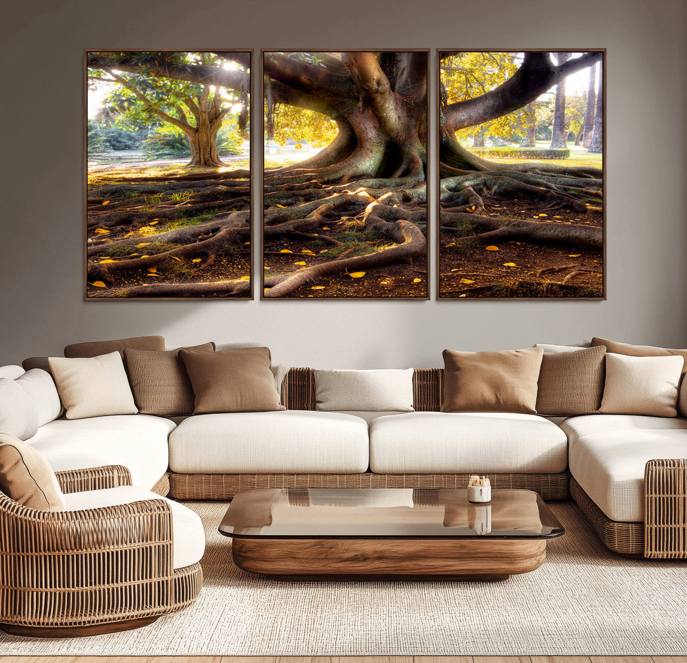 53335-MGV-CV-36X24-Majestic Tree with Sprawling Roots Wall Art – Serene Sunlit Park Scene, Nature Canvas Print, Perfect for Living Room, Office or