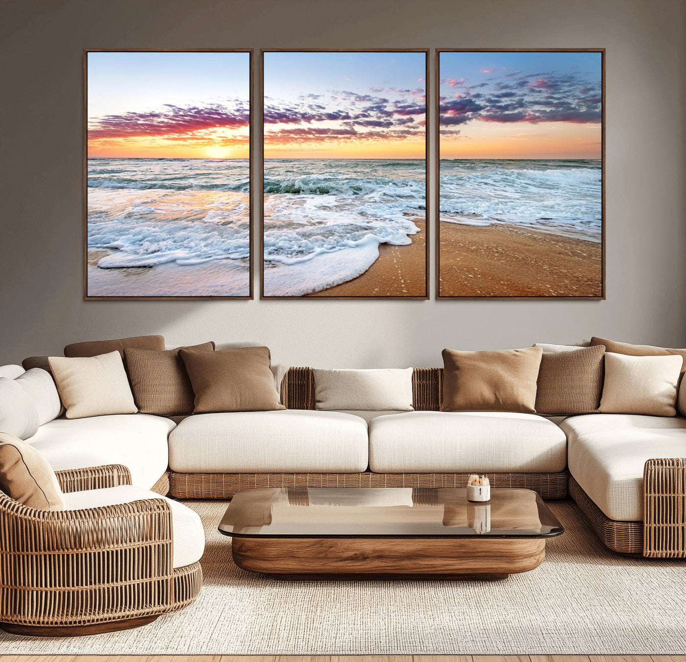 39560-MGV-CV-36X24-Sunrise Beach Wall Art – Vibrant Ocean Waves and Golden Sand Canvas Print, Seaside Coastal Decor for Living Room, Bedroom or