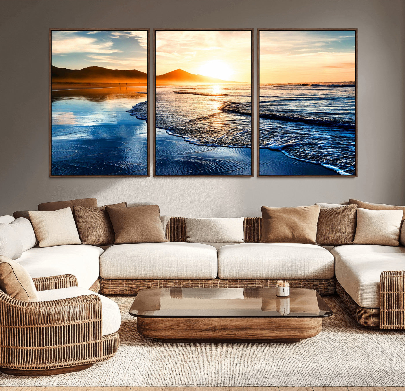 86173-MGV-CV-36X24-Golden Sunset Beach Wall Art – Reflective Ocean Canvas Print with Mountains and Waves, Coastal Nature Decor for Living Room,