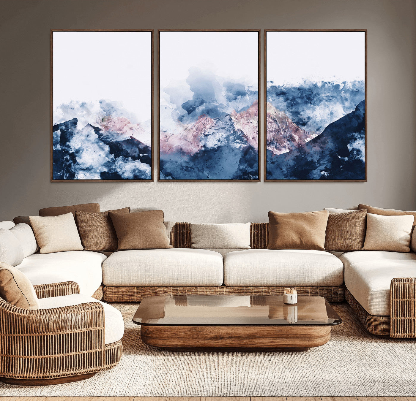 77592-MGV-CV-36X24-Abstract Mountain Watercolor Wall Art – Blue and Pink Canvas Print, Modern Nature Decor for Living Room or Bedroom