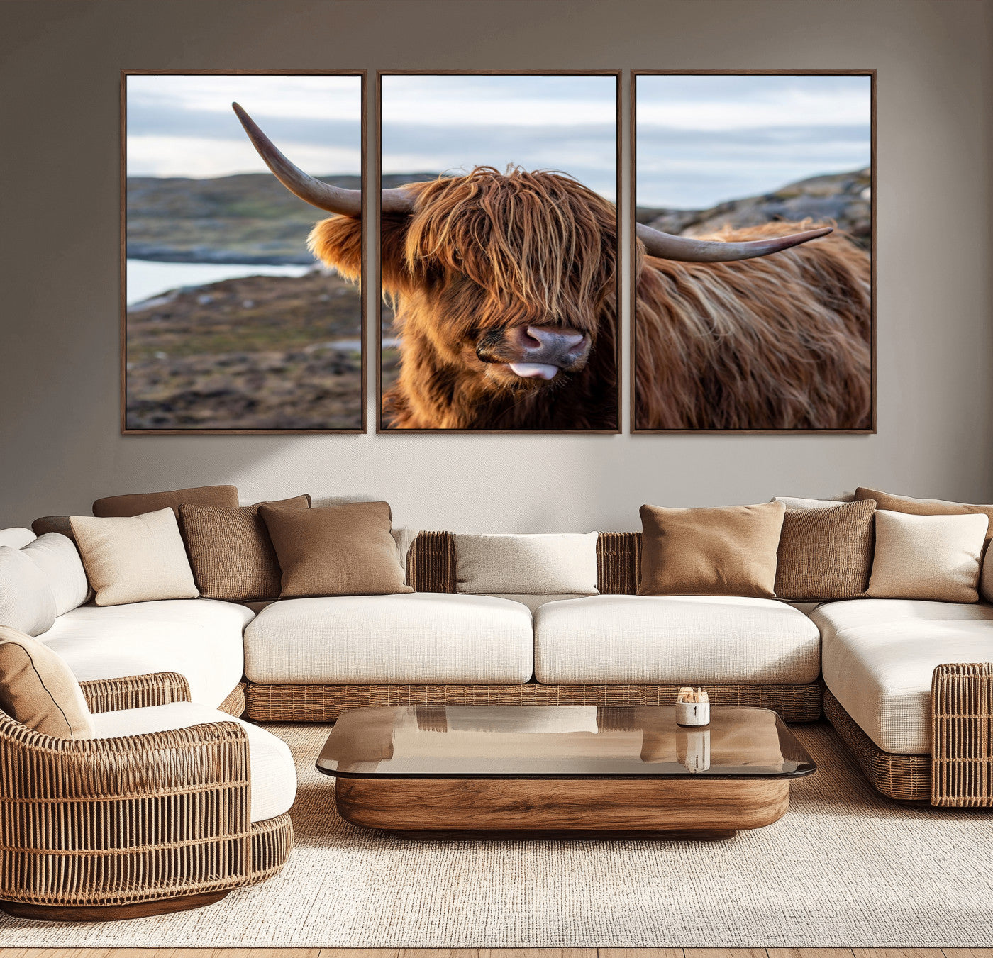 71222-MGV-CV-36X24-A playful Highland cow with shaggy fur sticks out its tongue, set against a rugged landscape — perfect for quirky home or office