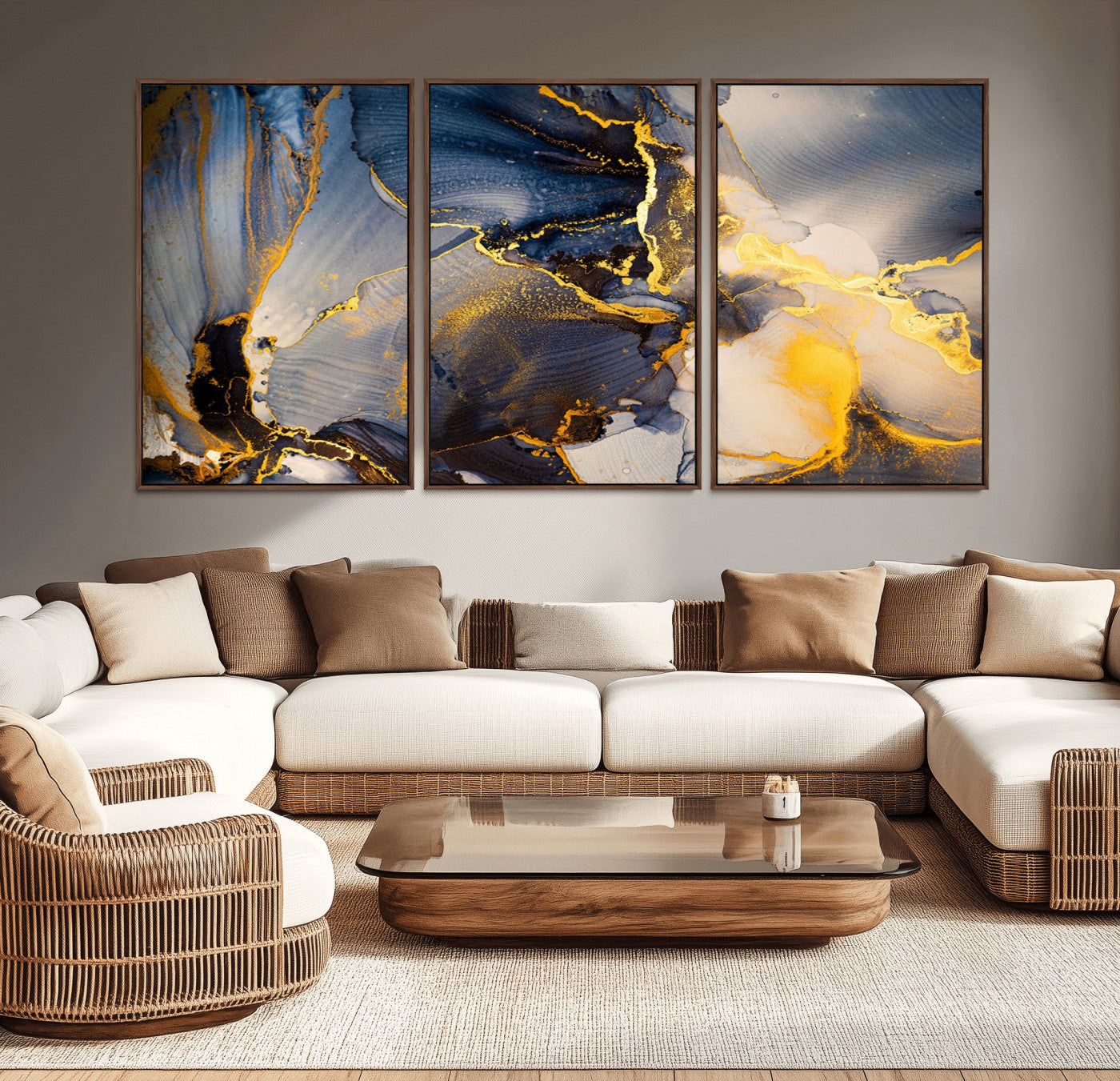 42100-MGV-CV-36X24-Golden Flow Abstract Wall Art – Panoramic Modern Blue and Gold Canvas Print, Contemporary Artistic Decor for Home, Office