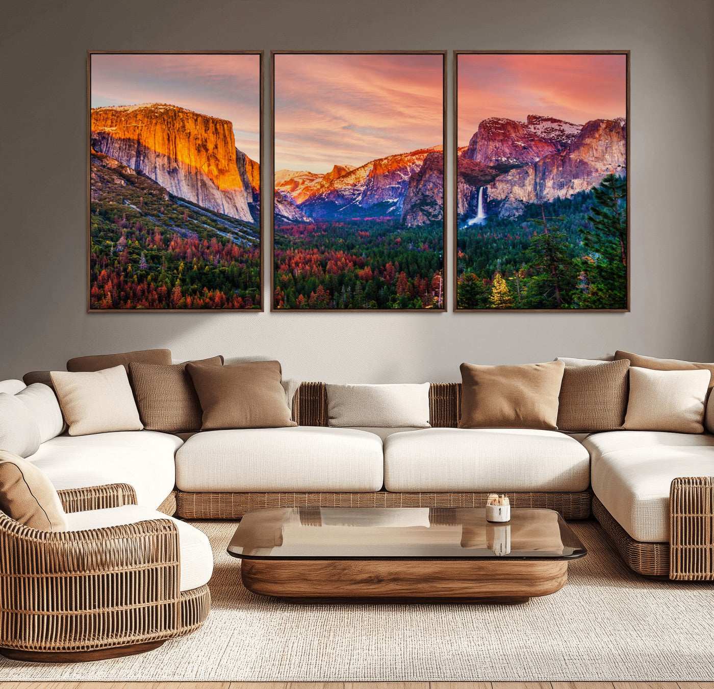 24519-MGV-CV-36X24-Yosemite Valley Sunset Wall Art – Majestic Mountain Landscape with Waterfall and Vibrant Sky, Nature Photography for Home or