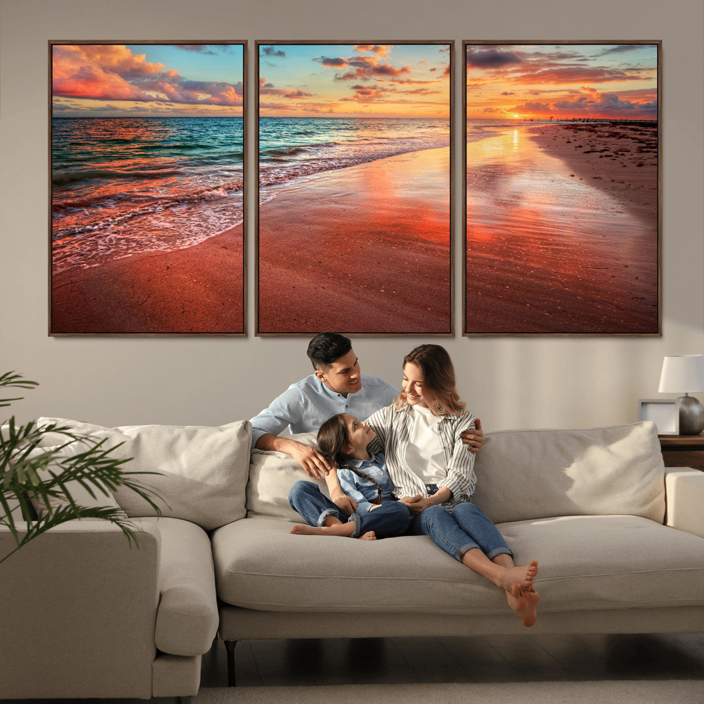 77723-MGV-FC-60X30-3P_Walnut-Sunset Beach Wall Art – Vibrant Ocean Waves and Golden Horizon Canvas Print, Coastal Seascape Photography Home Decor