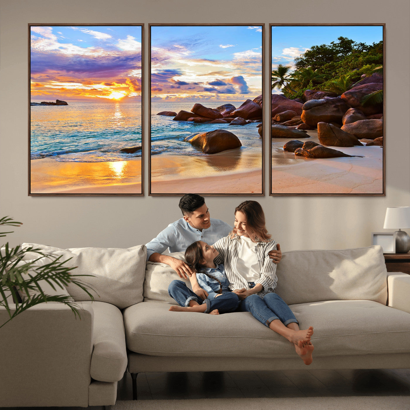 43209-MGV-FC-60X30-3P_Walnut-Tropical Beach Sunset Wall Art – Golden Ocean Waves and Palm Trees with Rocky Shore Canvas Print, Coastal Seascape Decor for