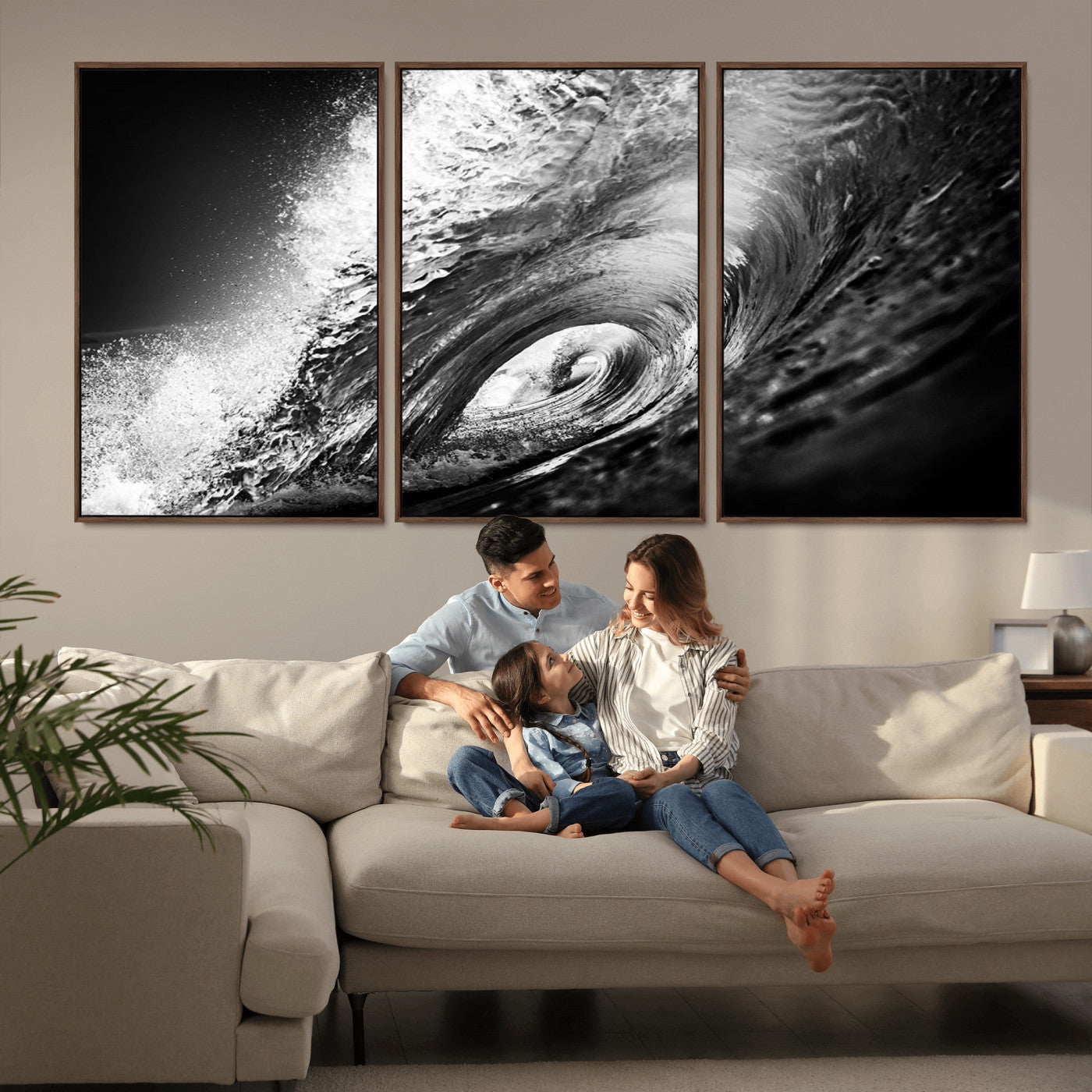 22702-MGV-FC-60X30-3P_Walnut-Black and White Ocean Wave Wall Art – Powerful Surf Curl Photography Canvas Print, Modern Coastal Decor for Living Room, Office or