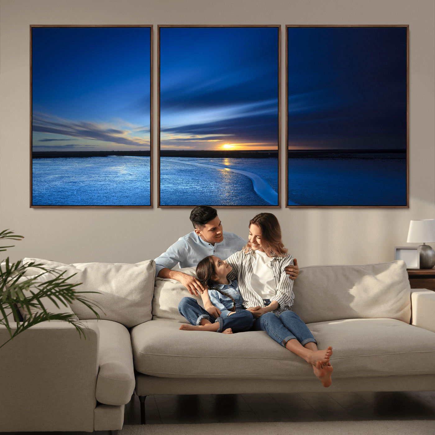 65405-MGV-FC-60X30-3P_Walnut-Blue Sunrise Seascape Wall Art – Tranquil Ocean Horizon Canvas Print with Golden Sunlight and Deep Sky, Coastal Landscape Decor