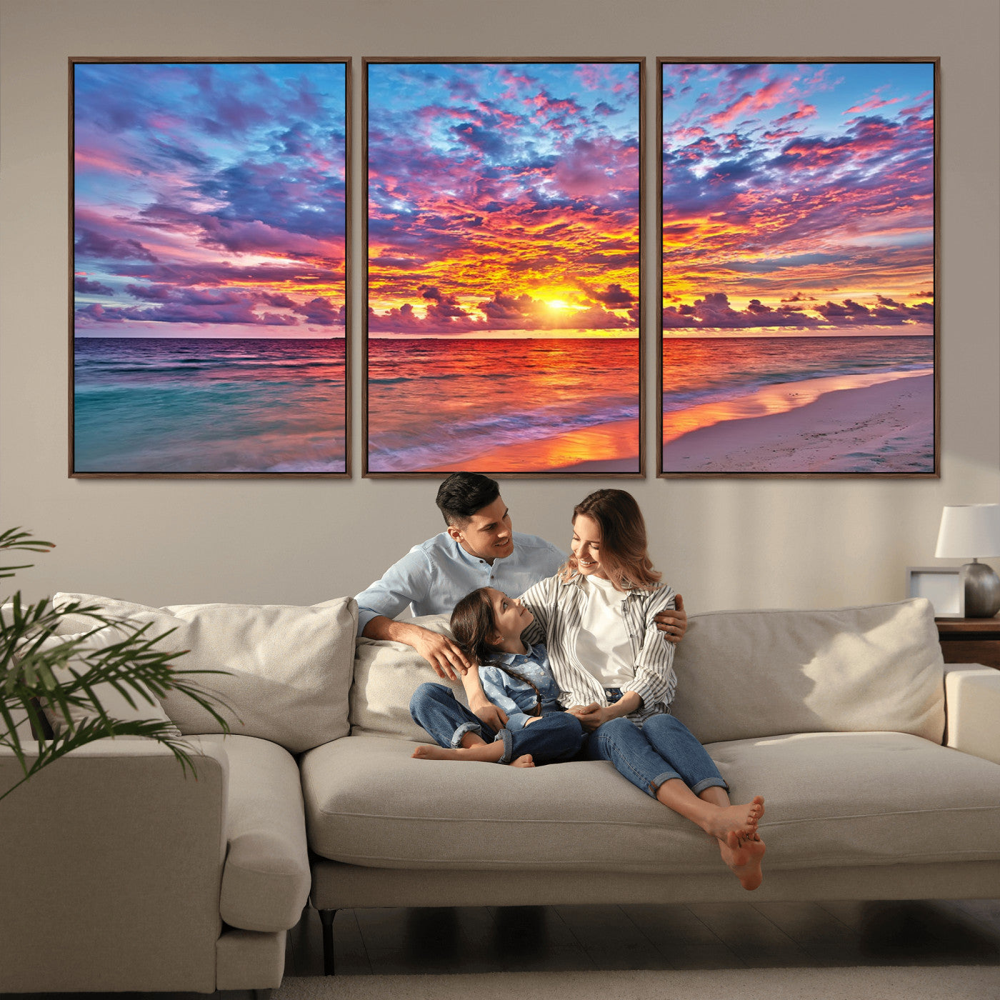 72836-MGV-FC-60X30-3P_Walnut-Fiery Sunset Beach Wall Art – Panoramic Vibrant Ocean Canvas Print, Dramatic Coastal Decor for Living Room, Bedroom or Office
