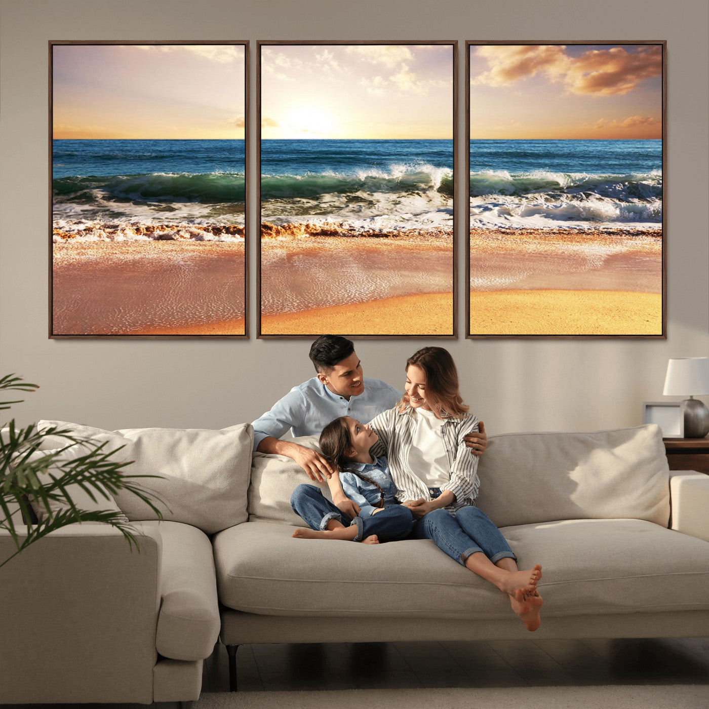 79005-MGV-FC-60X30-3P_Walnut-Golden Sunrise Ocean Waves Wall Art – Panoramic Seashore Canvas Print, Calming Coastal Decor for Home, Office or Relaxation Space
