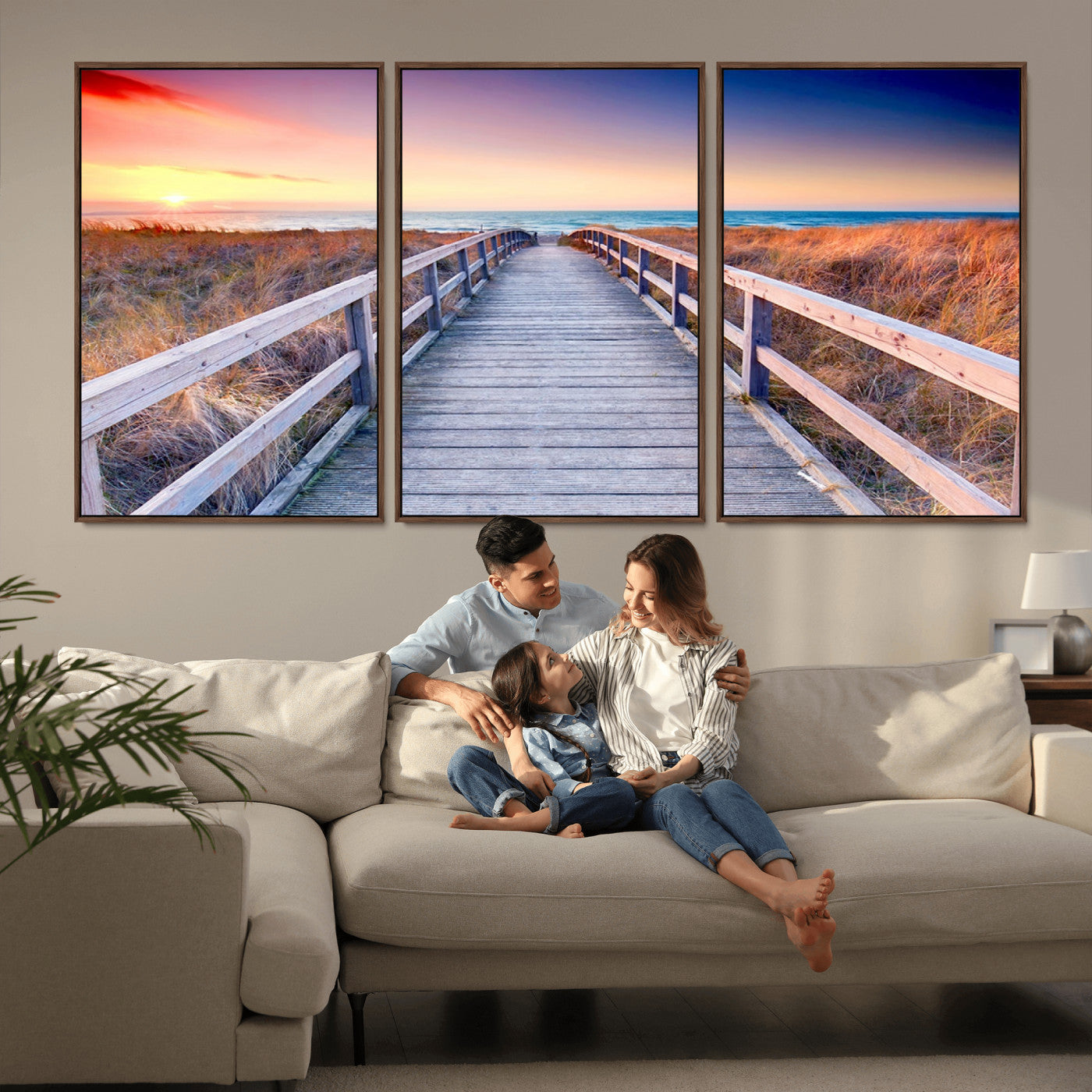 60625-MGV-FC-60X30-3P_Walnut-Beach Boardwalk Sunrise Wall Art – Coastal Pathway to Ocean Canvas Print, Seaside Landscape Decor for Home or Office