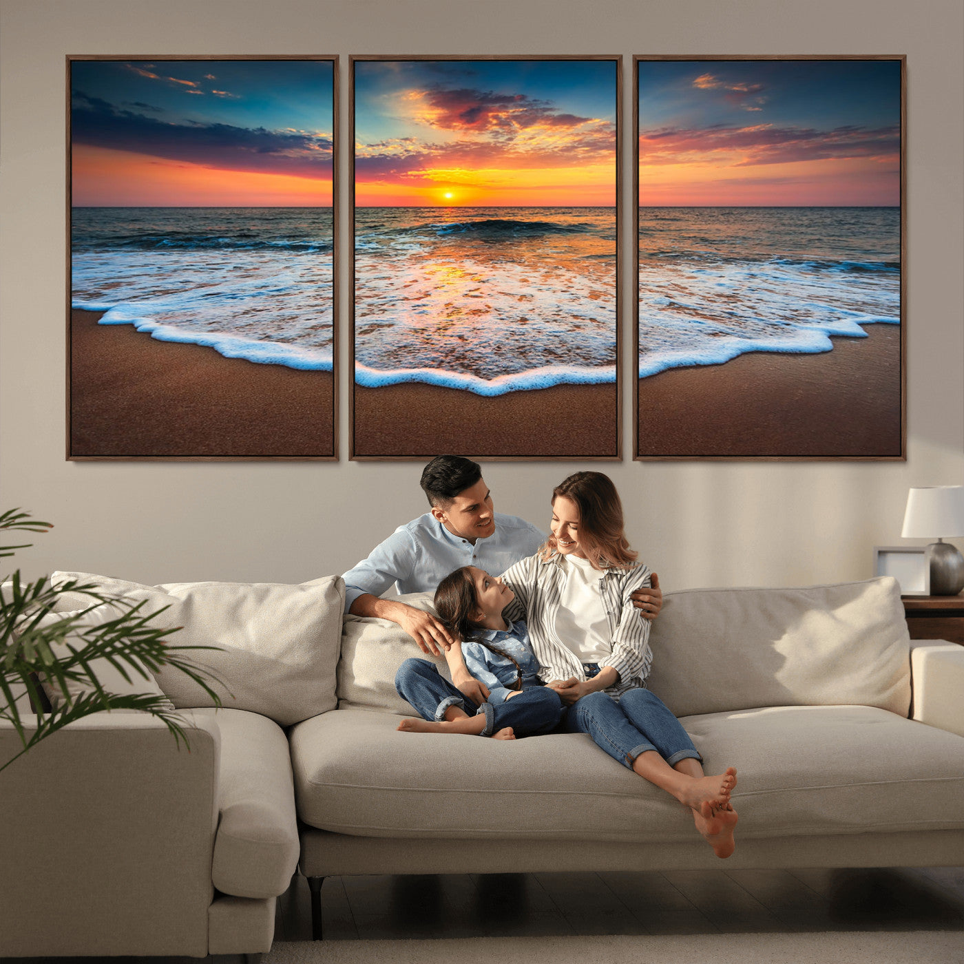 16110-MGV-FC-60X30-3P_Walnut-Ocean Sunset Wall Art – Vibrant Beach Waves and Horizon Canvas Print, Relaxing Coastal Seascape Decor for Living Room or Bedroom