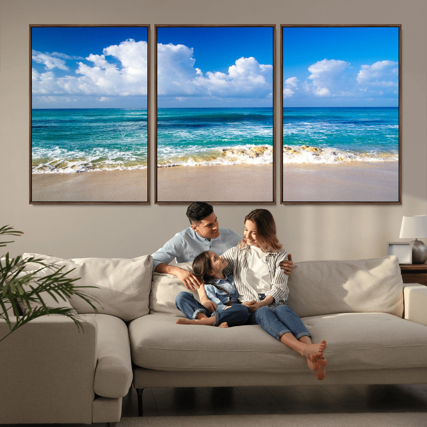 60364-MGV-FC-60X30-3P_Walnut-Tropical Ocean Wave Wall Art – Serene Blue Sea and White Sand Beach Canvas Print, Coastal Landscape Decor for Living Room, Bedroom