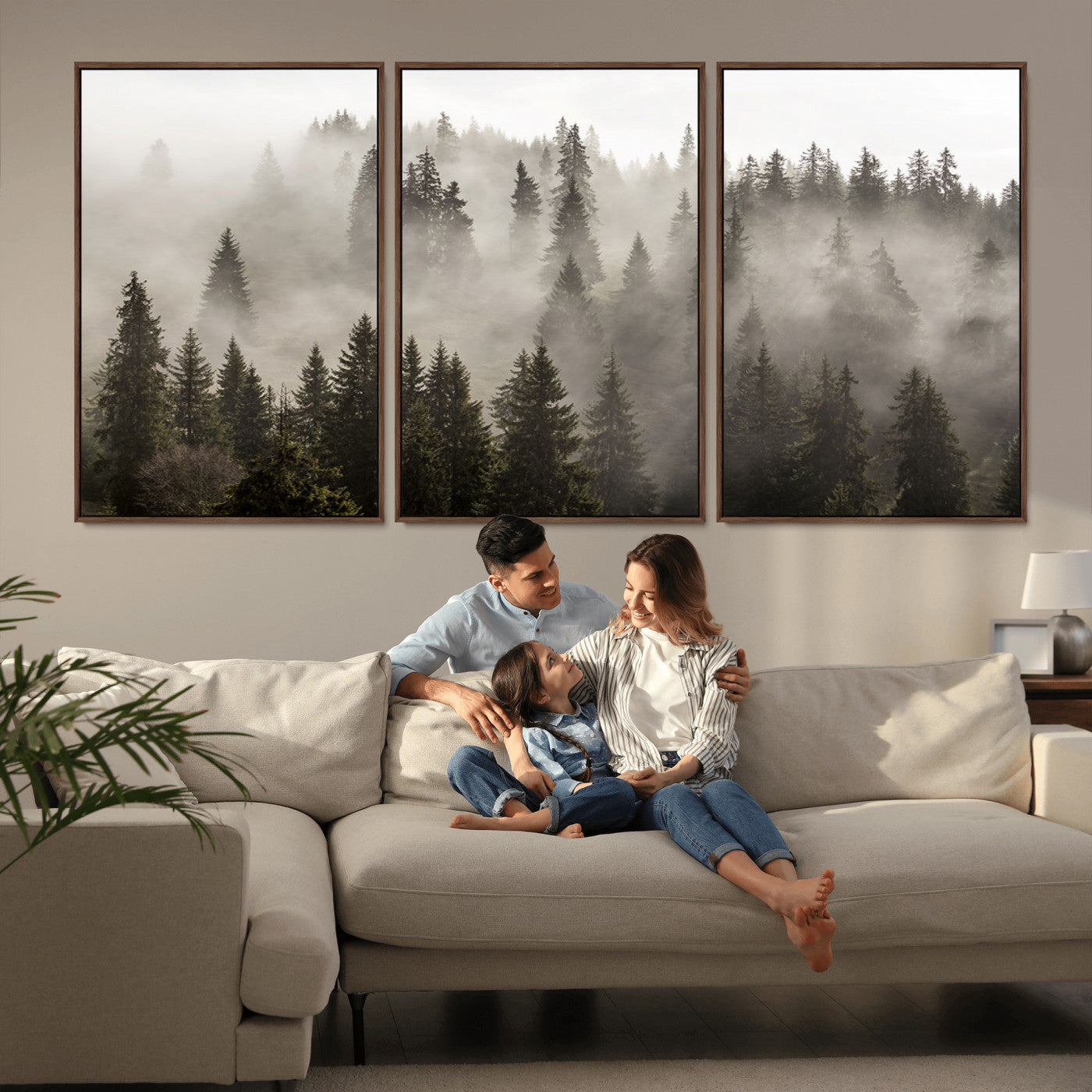 62862-MGV-FC-60X30-3P_Walnut-Misty Forest Wall Art – Tranquil Pine Tree Canvas Print with Mountain Fog, Nature Landscape Artwork for Living Room, Bedroom, or