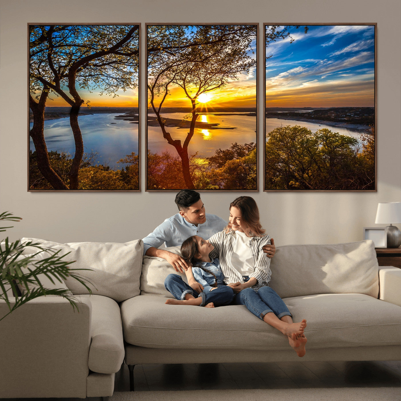 66839-MGV-FC-60X30-3P_Walnut-Lake Sunset Wall Art – Golden Hour Canvas Print with Trees and Water Reflection, Scenic Landscape Photography for Living Room,