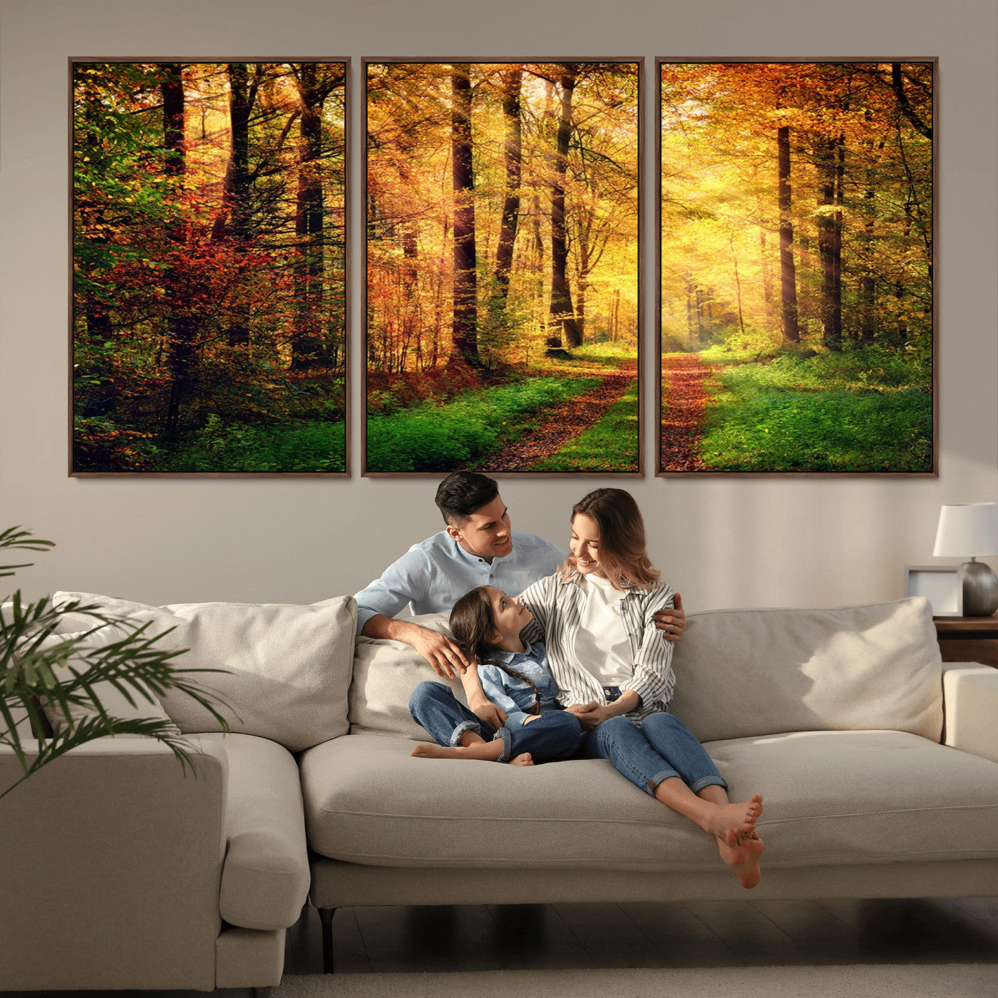 73494-MGV-FC-60X30-3P_Walnut-Golden Autumn Forest Path Wall Art – Sunlit Woodland Canvas Print, Fall Nature Landscape Home Decoration