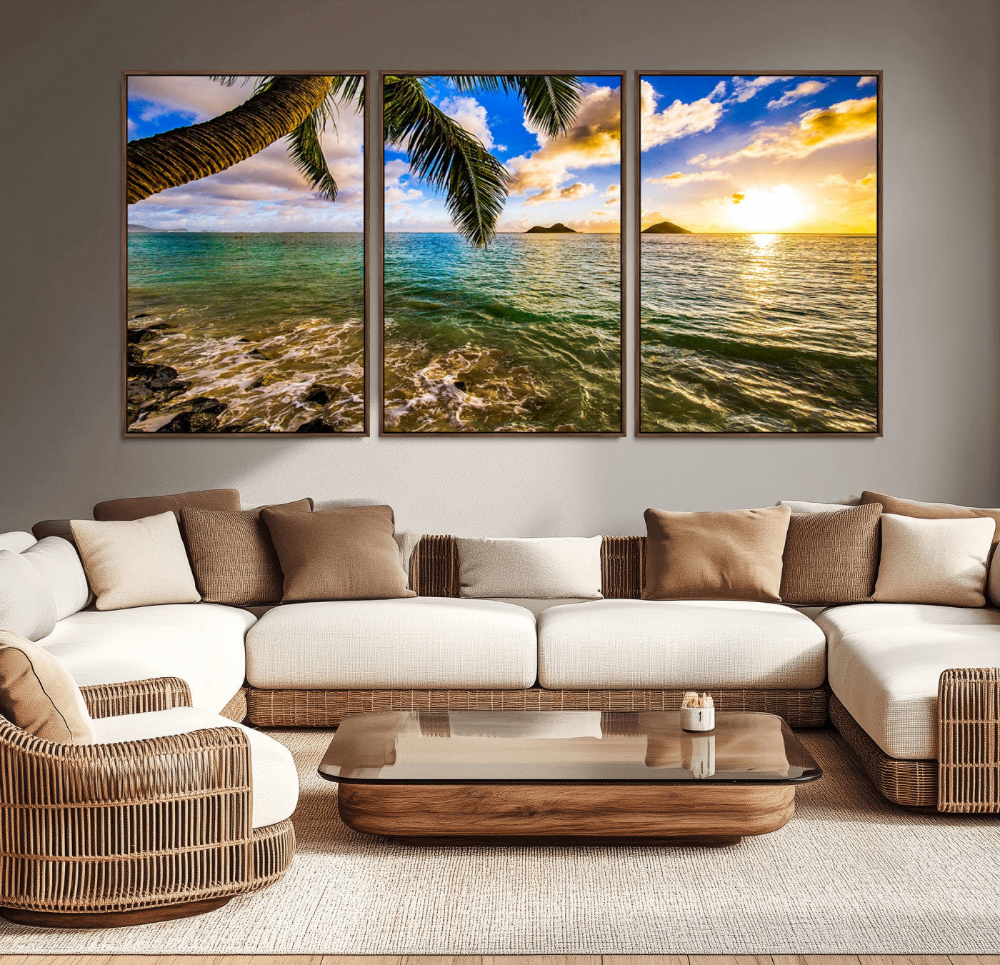 68606-MGV-CV-36X24-Tropical Palm Tree Ocean Wall Art – Sunset Beach Seascape Print, Coastal Paradise Decor for Living Room or Office