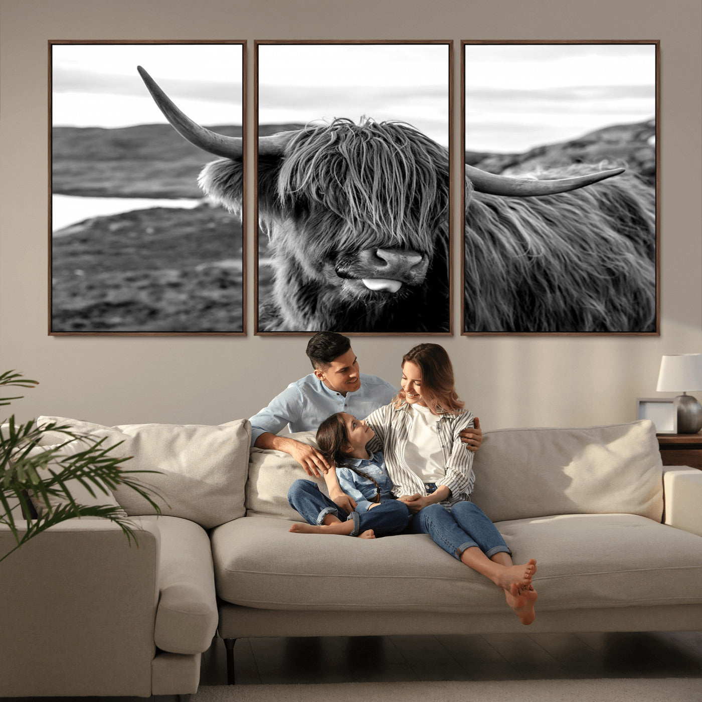 83810-MGV-FC-60X30-3P_Walnut-Highland Cow Wall Art – Black and White Highland Cattle Print, Rustic Farmhouse Animal Decor for Living Room