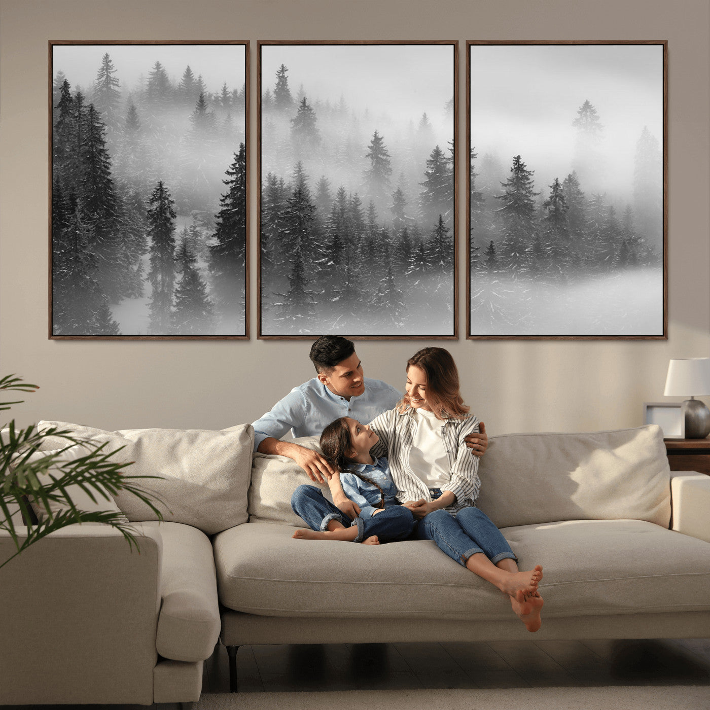 57235-MGV-FC-60X30-3P_Walnut-Misty Pine Forest Wall Art – Black and White Mountain Landscape Canvas Print, Nature Woodland Decor for Living Room, Bedroom or