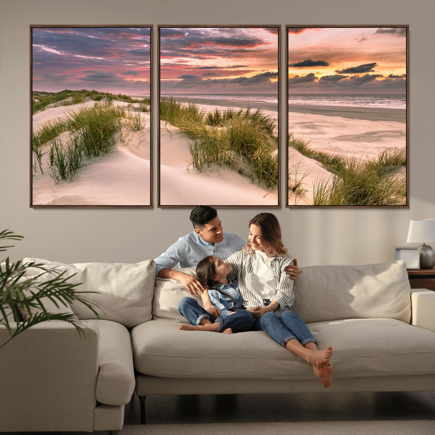 60570-MGV-FC-60X30-3P_Walnut-Beach Sunset Wall Art – Coastal Sand Dunes and Ocean Horizon Canvas Print, Tranquil Seascape Photography Decor for Living Room or