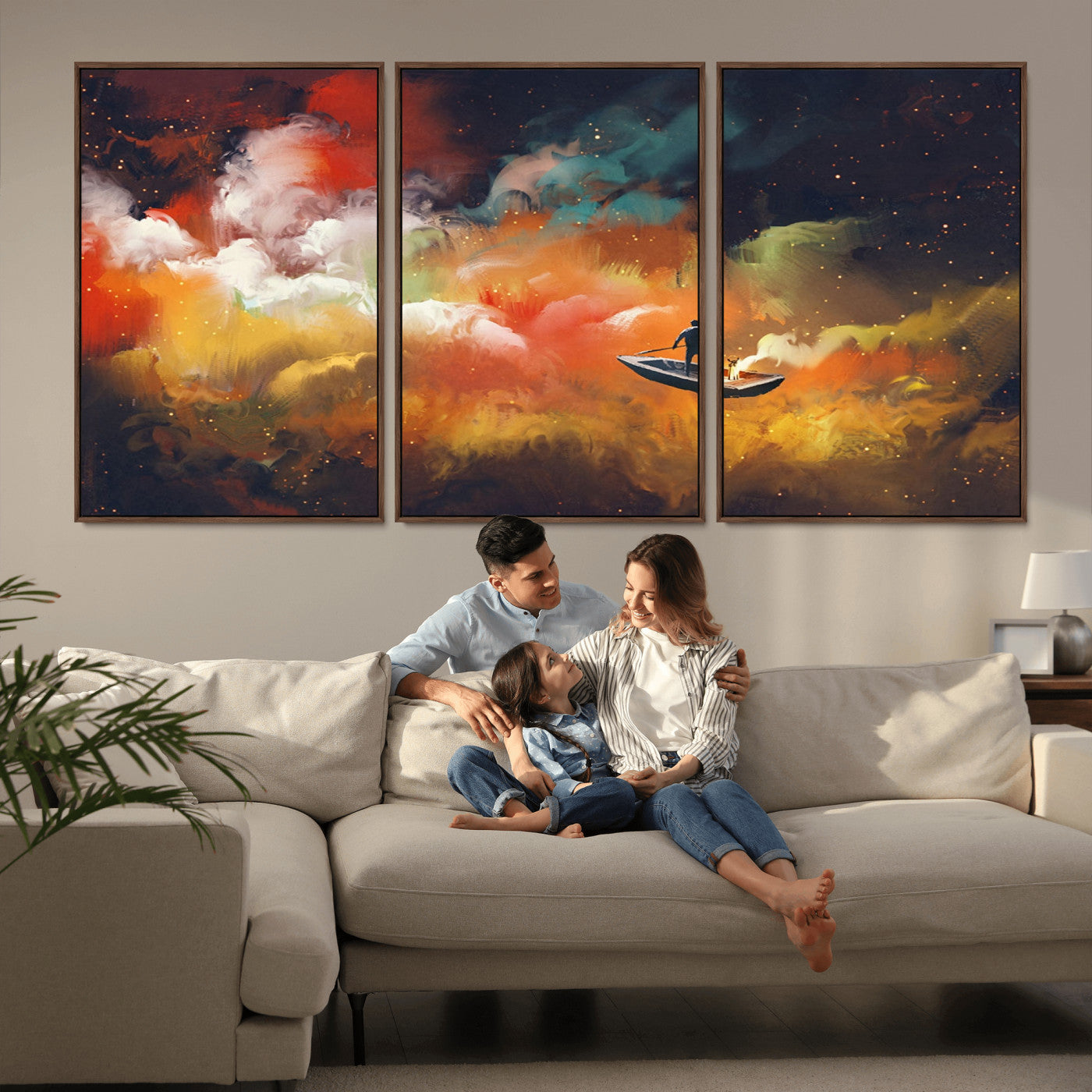 45085-MGV-FC-60X30-3P_Walnut-Surreal Cosmic Wall Art – Abstract Galaxy Dreamscape Canvas Print with Man and Dog in Boat, Fantasy Nebula Painting for Living