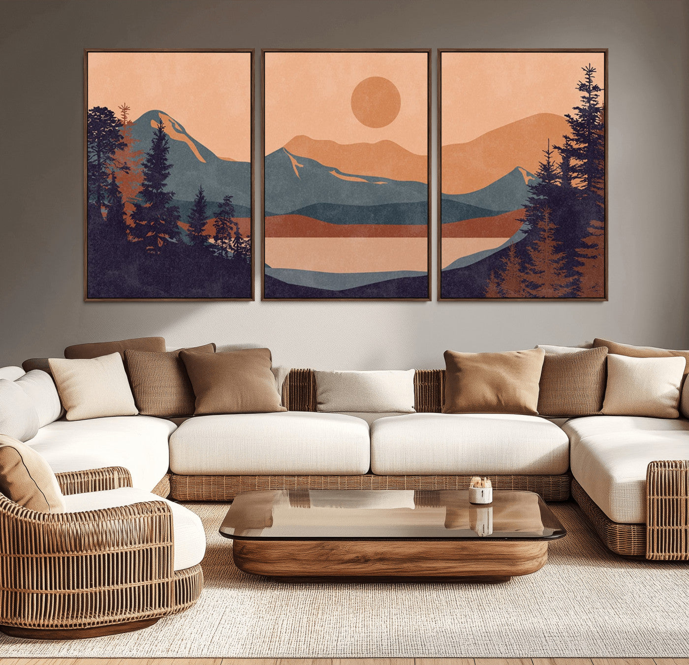 62795-MGV-CV-36X24-Minimalist Mountain Landscape Wall Art – Abstract Sunset Over Peaks and Pine Trees Canvas Print, Modern Nature Decor for Living