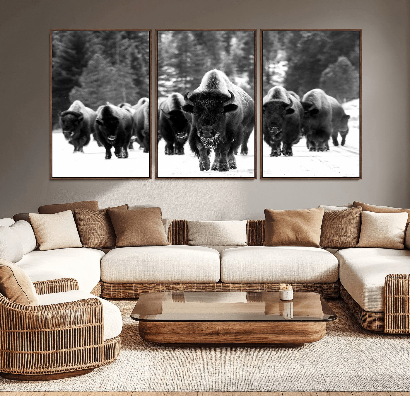 62434-MGV-CV-36X24-Bison Herd Wall Art – Majestic Black and White Buffalo Canvas Print, Wildlife Nature Photography Decor for Living Room, Office or